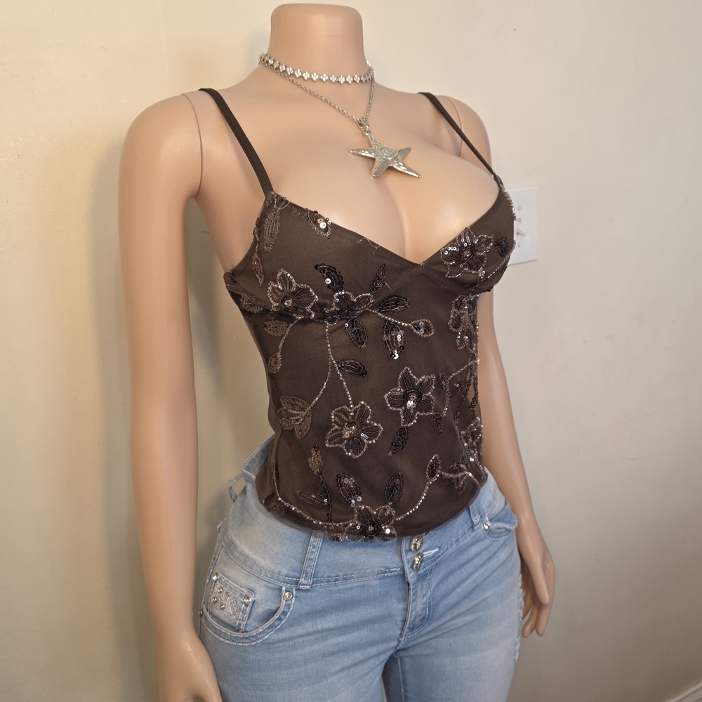 ☆Just Polly Brown Embellished Floral Cami Top☆ - Picture 3 of 5